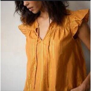 Lauren Conrad Dreamy Gold Ruffled Shoulder Tie Front Womens Blouse Shirt L